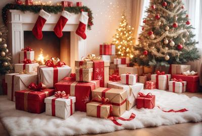 The primary subject of the image is a pile of wrapped presents, which are arranged on a white furry surface. The setting is a cozy living room with a fireplace, creating a warm and festive atmosphere. The visual style is a combination of photo and digital art, giving the image a realistic yet artistic appearance. The colors and mood are predominantly warm and inviting, with the red and white colors of the presents and the white furry surface adding to the overall festive ambiance.